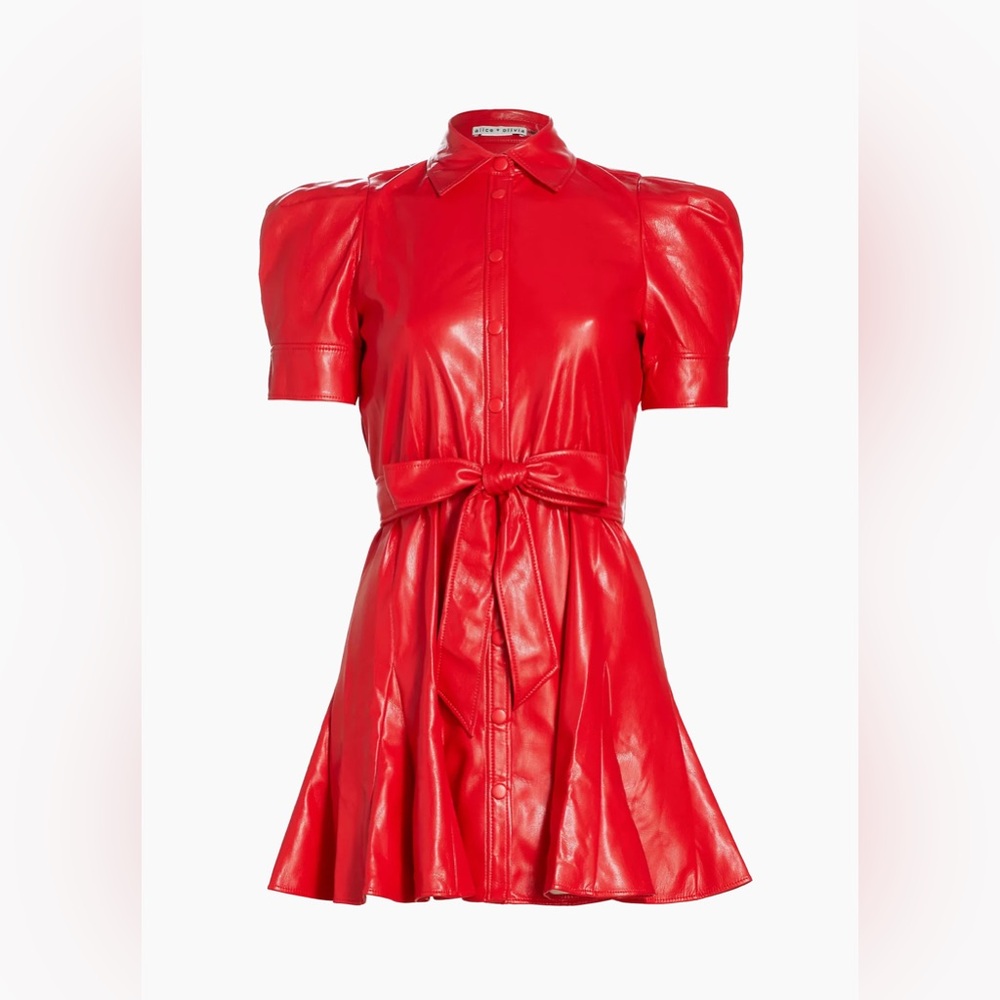 $465 ALICE + OLIVIA "Lurlene" faux vegan leather button front mini dress sz 0